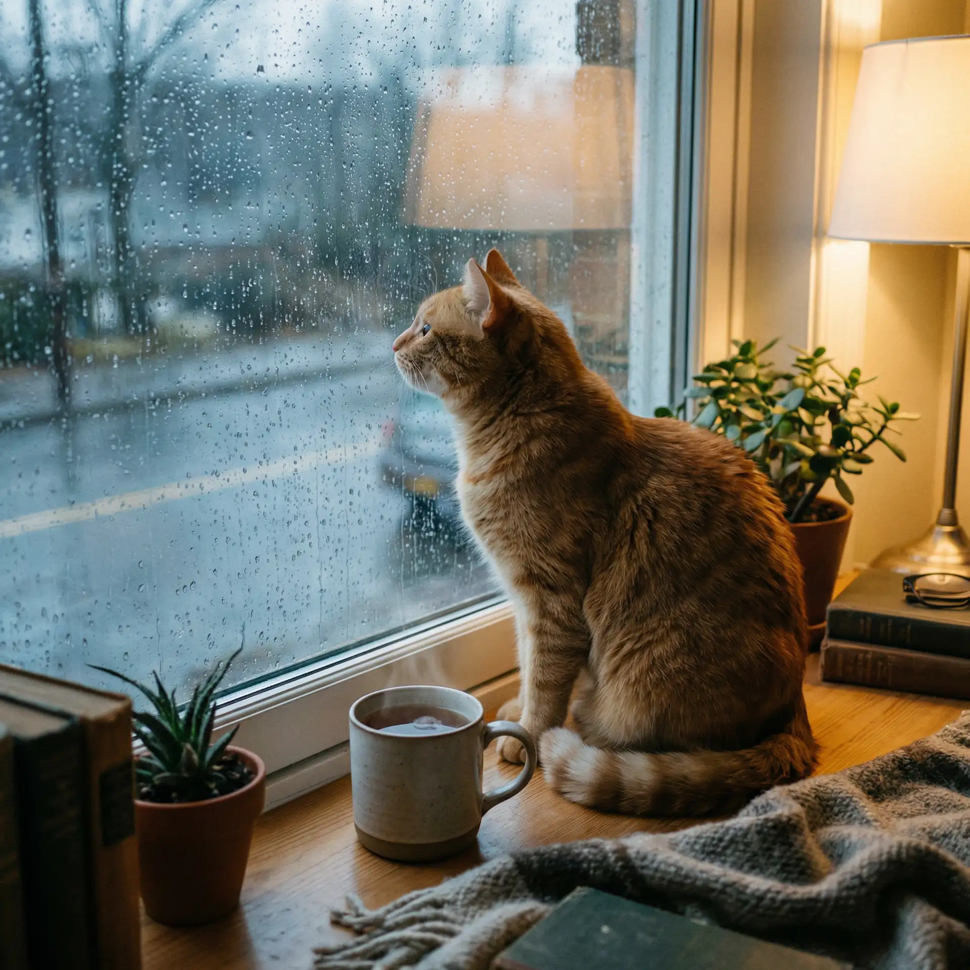 猫咪望着窗外的雨 - 撕掉美女衣服